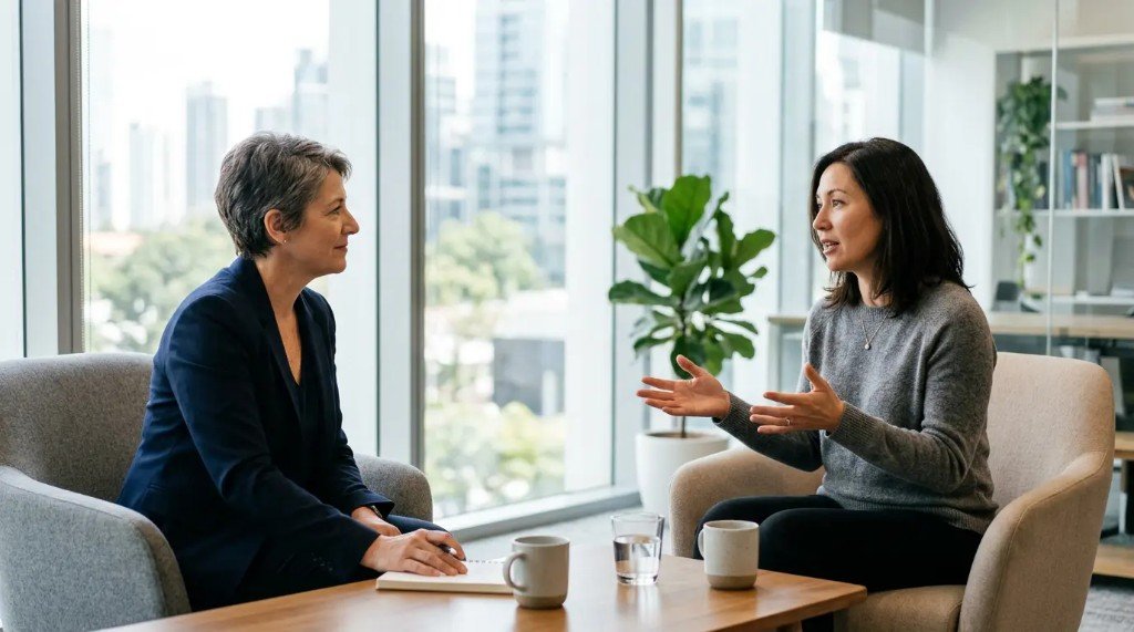 Professional career consultation — two professionals in discussion at a London office